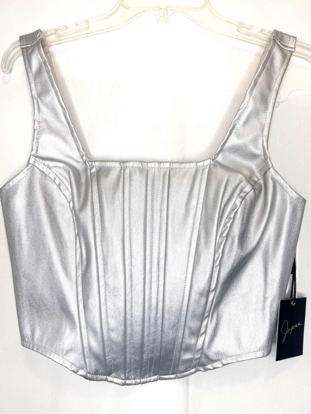 NEW WITH TAGS-Japna Metallic Silver Faux Leather Corset Crop Top Size Large